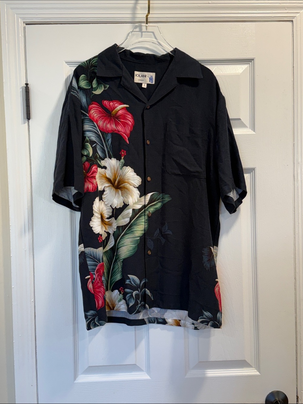 VTG 50s IOLANI Black Hawaiian Floral Print Hibiscus Camp Shirt Mens S